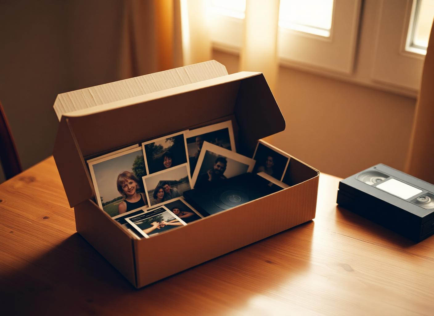 A shoebox of old family photographs and a VHS tape in warm light